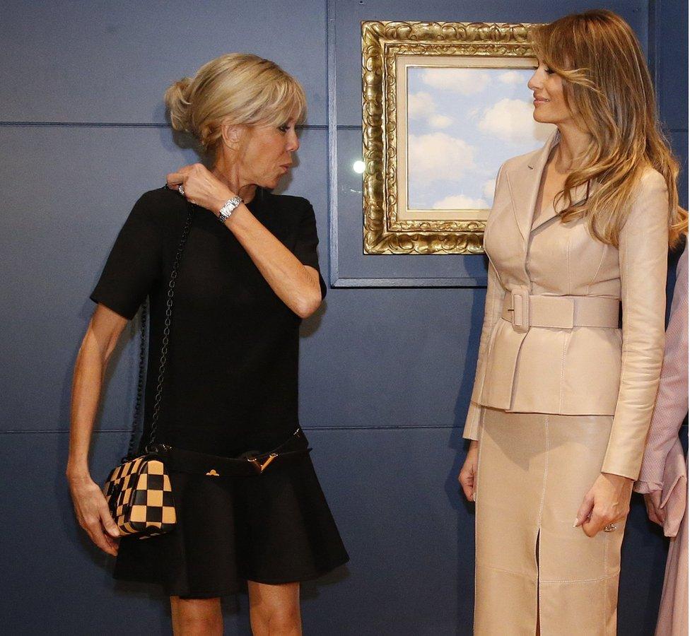 Brigitte Macron (L) and Melania Trump at the Magritte Museum in Brussels, 25 May