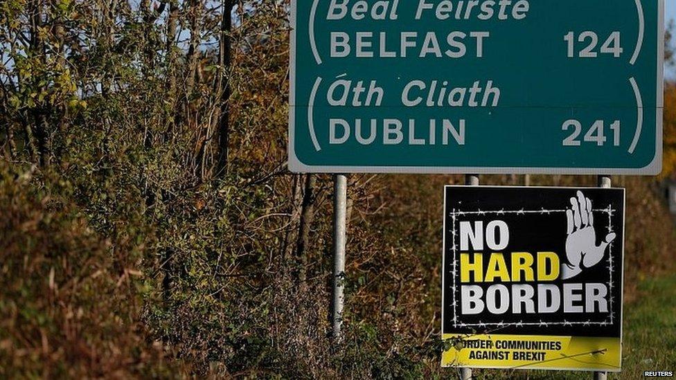 A "No hard Border" poster attached to a road sign on the Irish side of the border between Ireland and Northern Ireland near Bridgend,