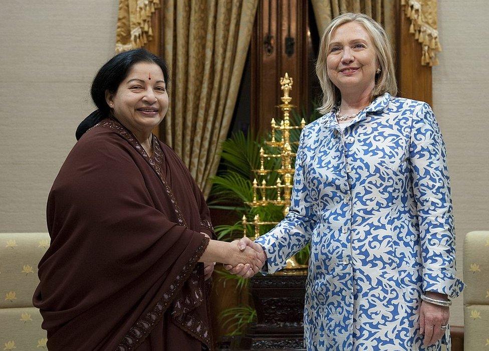 dian Chief Minister J. Jayalalithaa (L) shakes hands with US Secretary of State Hillary Clinton at the Fort St. George Complex in Chennai on July 20, 2011. US Secretary of State Hillary Clinton arrived in the southern Indian port of Chennai, a focus of US trade and investment, on the second leg of her trip to the emerging Asian giant