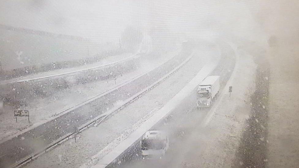 Traffic camera view of A55 covered in snow near Rhyl turn-off