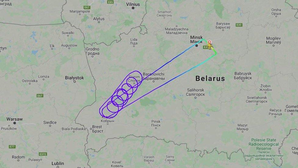 Screenshot from FlightRadar24 website showing holding pattern of a flight