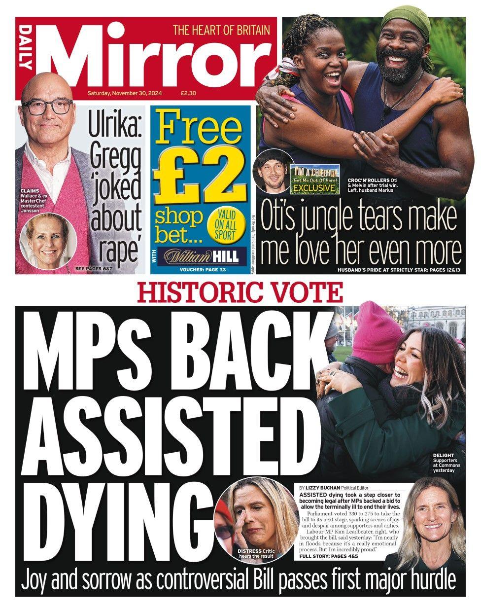 The front page of the Daily Mirror reads: MPs back assisted dying