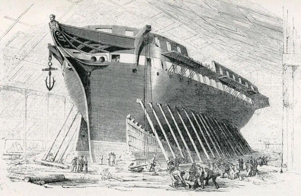 A drawing of a large ship under construction in the 1820s