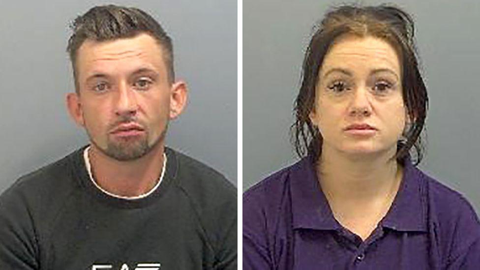 A mug shot of a man wearing a black jumper next to a woman in a purple polo shirt.