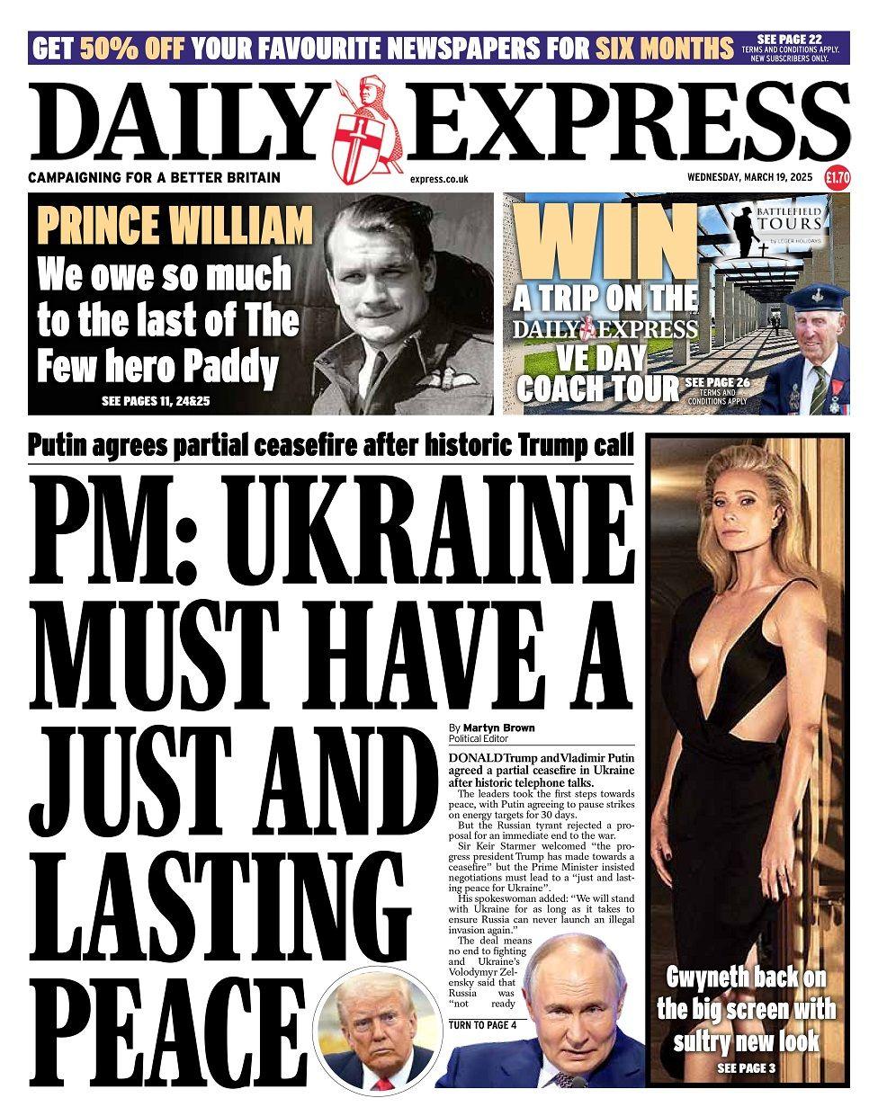 Front page of the Daily Express for Wednesday 19 March 2025. 