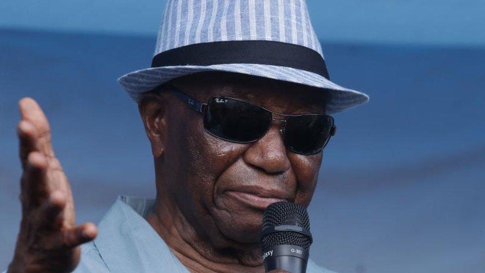 Joseph N Boakai of the Unity Party speaks to supporters during a rally in the Mount Barclay community, outside Monrovia, Liberia, 08 November 2023