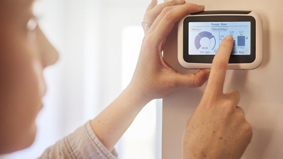 Woman looking at smart meter