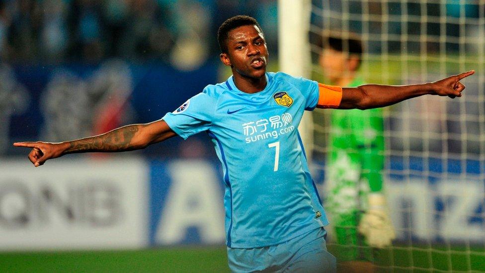 Ramires Santos of Jiangsu FC celebrates after scoring a goal during the AFC Champions League group stage football match against Jeju United FC