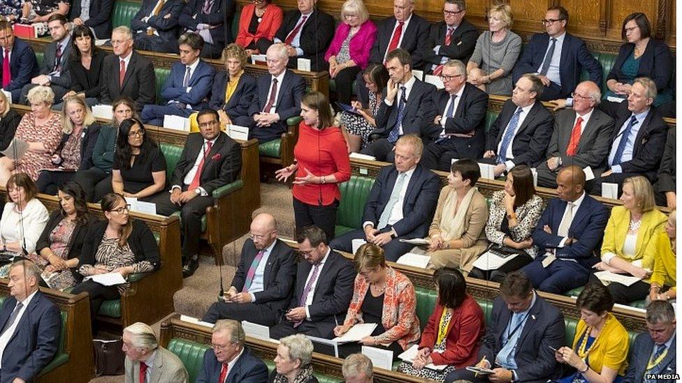 Jo Swinson surrounded by Lib Dem MPs in Parliament