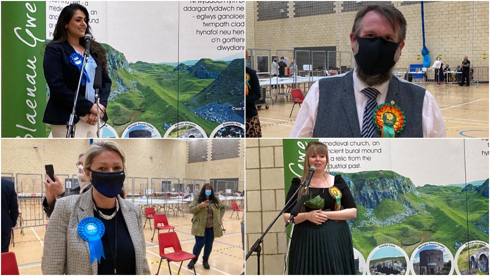 Clockwise from top left: Natasha Asghar, Peredur Owen Griffiths, Delyth Jewell, Laura Anne Jones