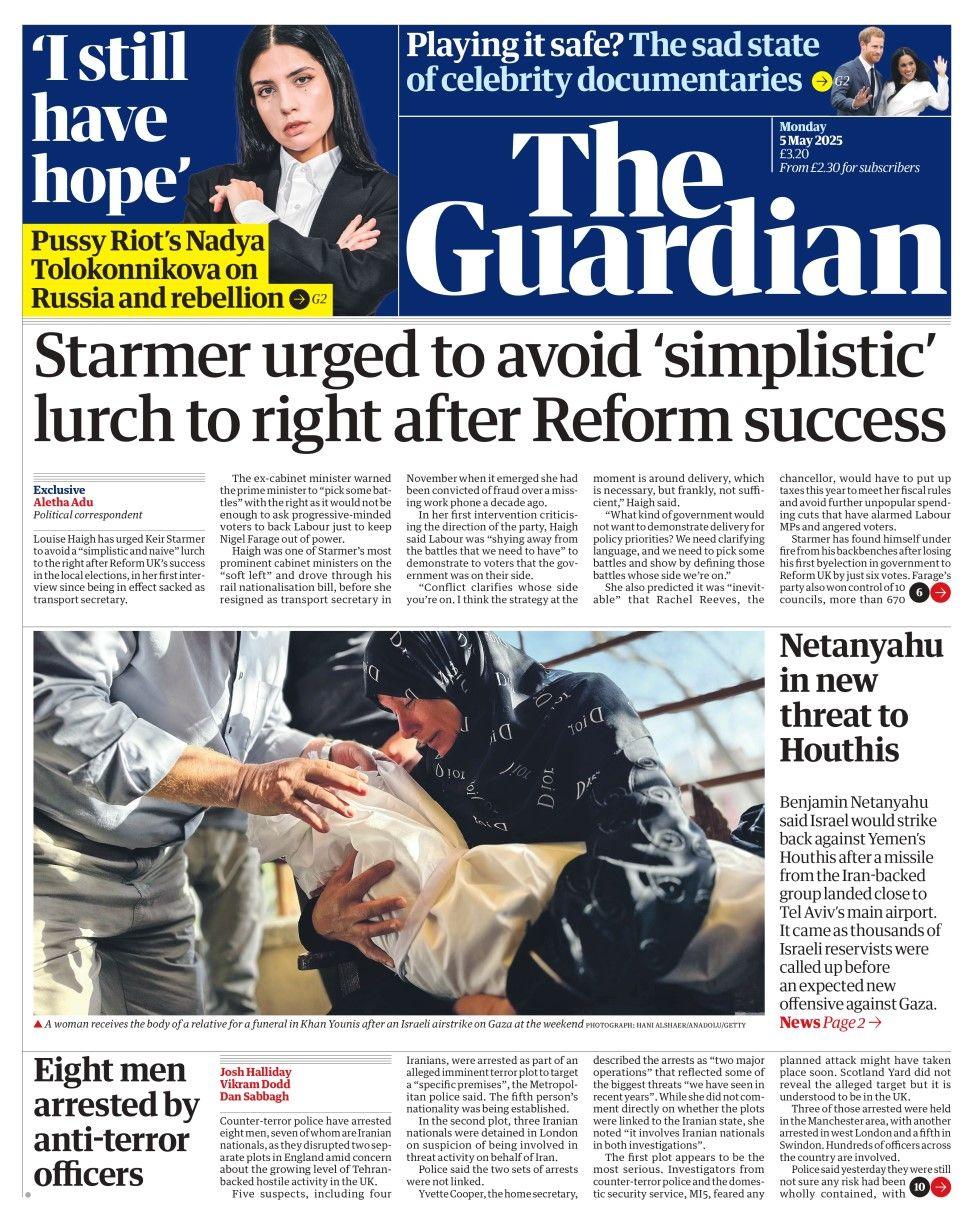 The headline in the Guardian reads: Starmer urged to avoid 'simplistic lurch to right after Reform success