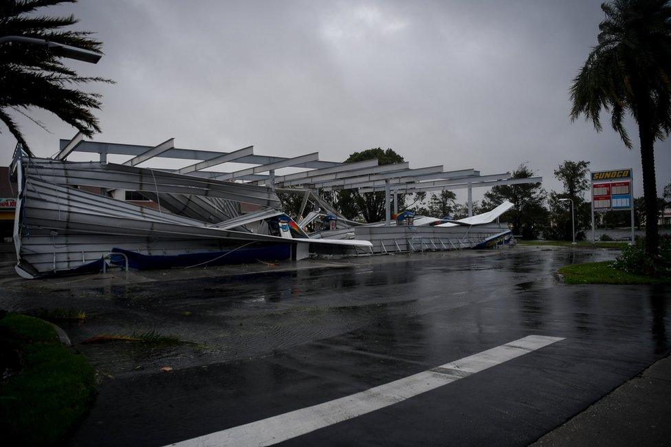 The crumbled canopy of a petrol station damaged by Hurricane Irma is seen in Bonita Springs, Florida, 10 September