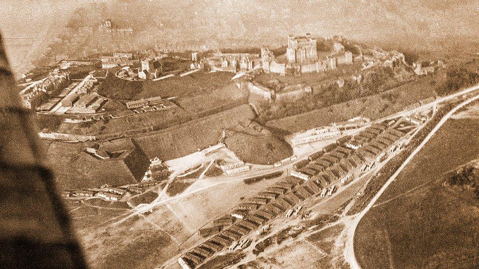 Dover Castle and surrounding area from his plane