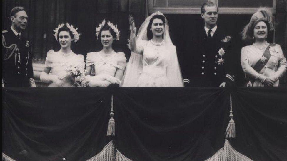 The Queen and Prince Philip with other Royals on the Buckingham Palace balcony on their wedding day.