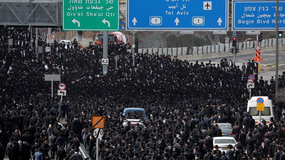 Ultra Orthodox Jews gather around the body of Head of the Brisk Yeshiva, Rabbi Meshulam Dovid Soloveitchik, that passed away aged 99 after months of fighting COVID-19