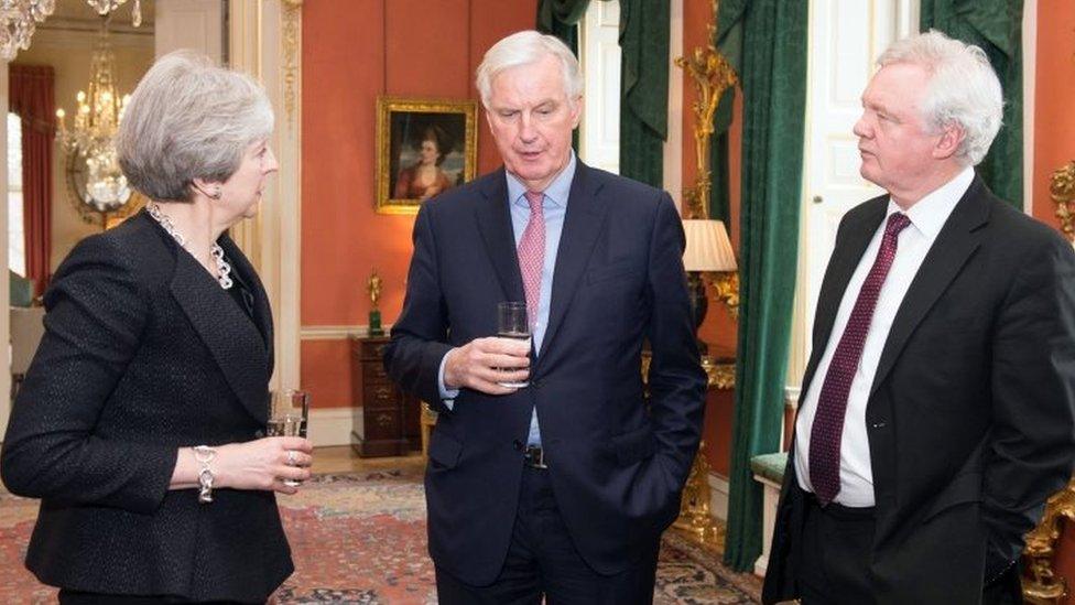 Theresa May, Michel Barnier and David Davis