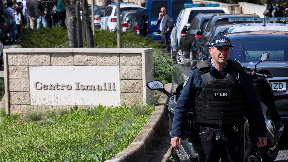 Police officers guard at the Ismaili Center in Lisbon, Portugal, 28 March 2023