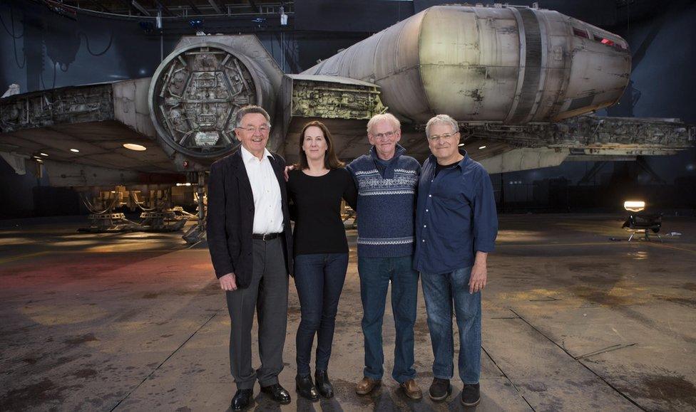 Norman Reynolds, Kathleen Kennedy, Robert Watts and Lawrence Kasdan on the Star Wars Episode VII set