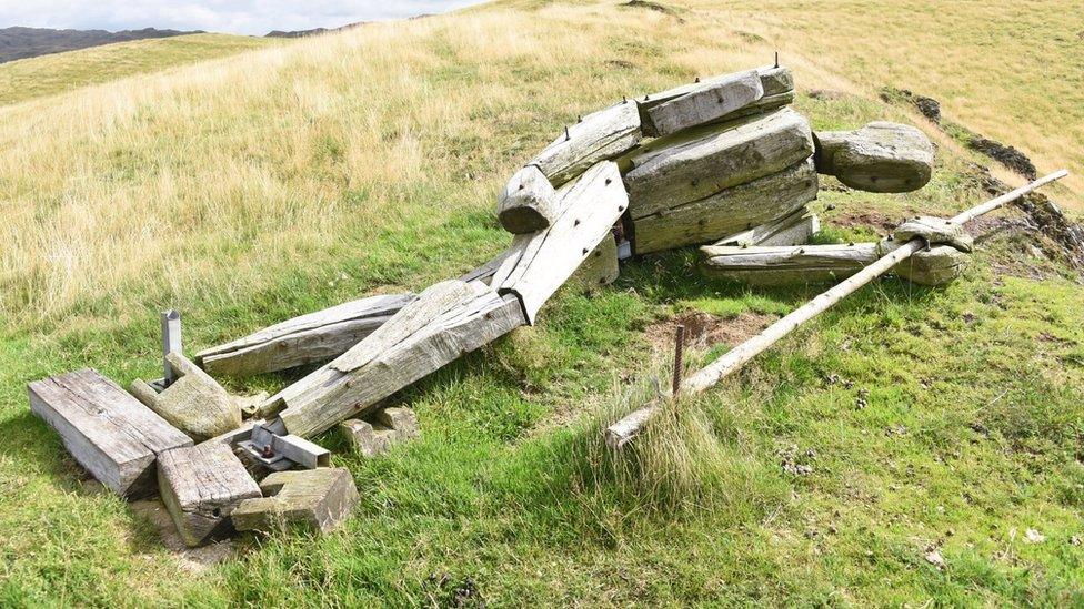 Fallen wooden statue lies on the grass