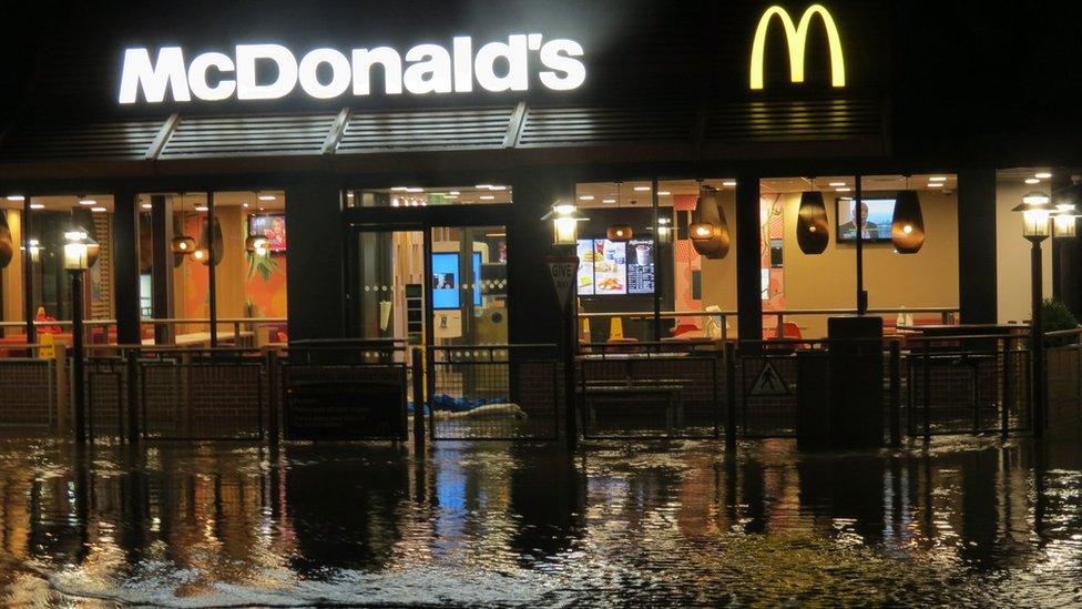 Floods at the McDonald's restaurant in Merlin's Bridge, Pembrokeshire