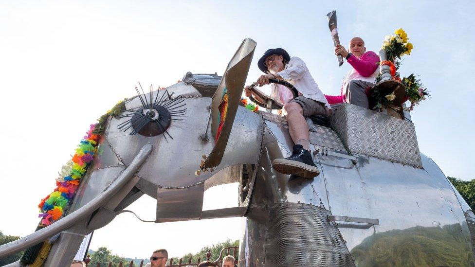 Mechanical elephant with baton bearer Mark Jones