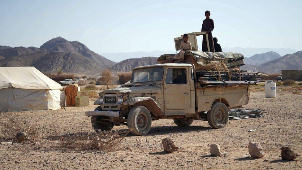 Yemeni children are pictured at a camp for internally displaced people on the outskirts of the northern city of Marib (18 February 2021)