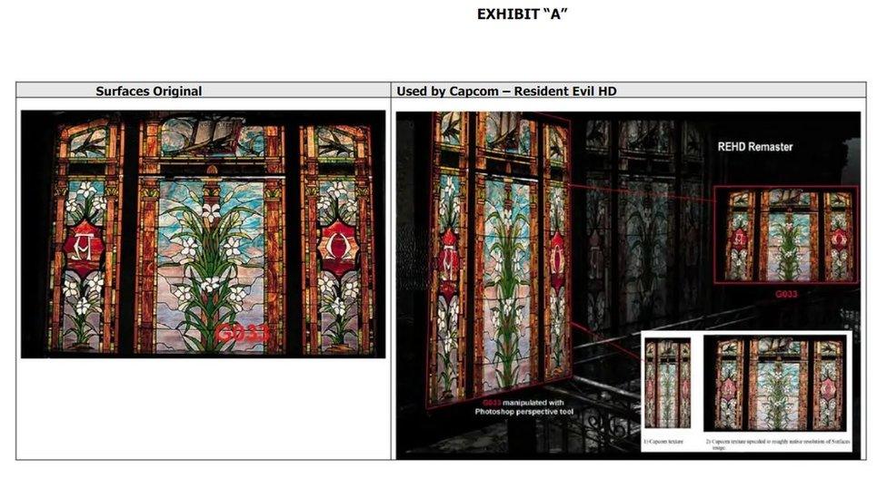 A stained glass window with an identical pattern is shown left and right - on the left as a source image in Surfaces, on the right within the Resident Evil HD game