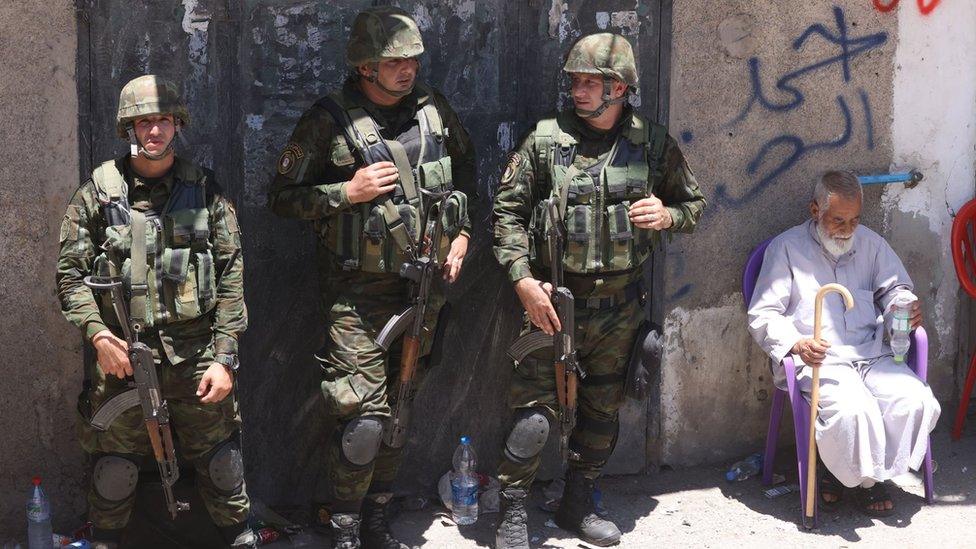 Palestinian Authority security forces stand during the visit of President Mahmoud Abbas to Jenin refugee camp, in the occupied West Bank (12 July 2023)