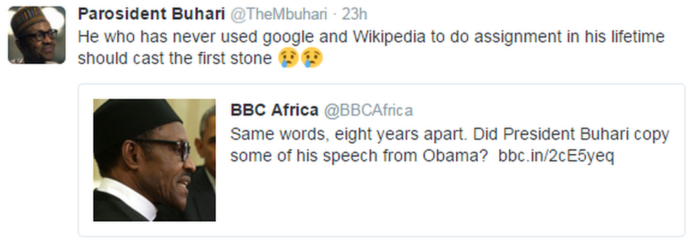 A tweet reads: "He who has never used google and Wikipedia to do assignment in his lifetime should cast the first stone "