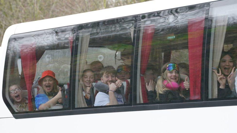 A coach of children wait in queue for Dover