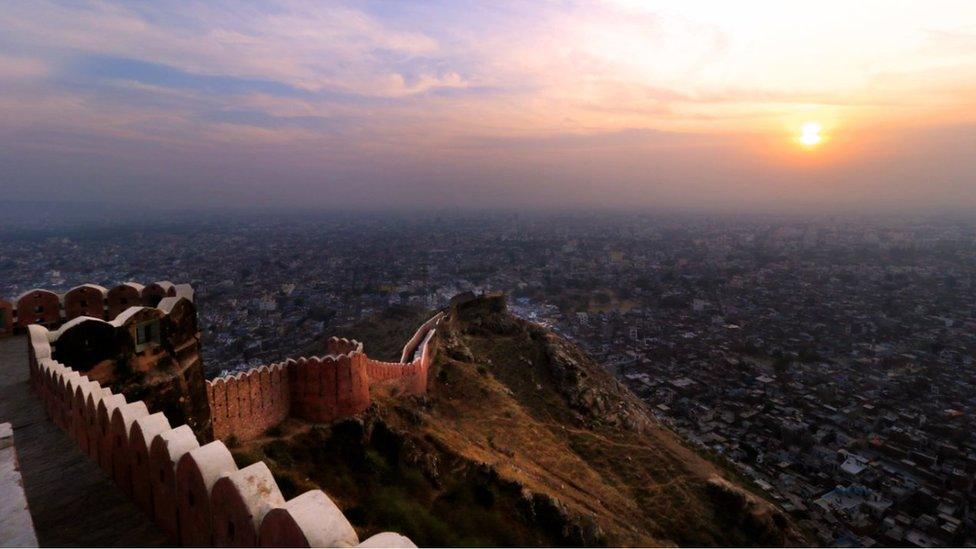 A view of Walled city of Jaipur from the Nahargarh Fort hills during the last Sunset of the year 2015 in Jaipur, India , 31 Dec ,2015.