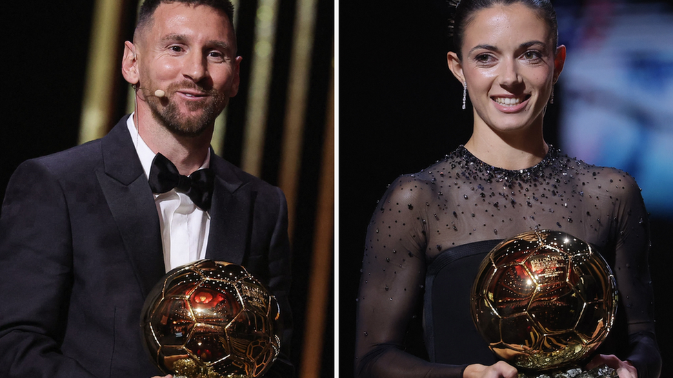 Lionel Messi and Aitana Bonmati with Ballon d'Or trophies