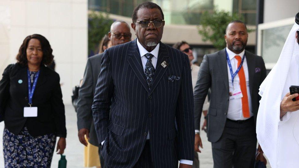 Hage Geingob, Namibia's president, speaks during the Summit on Methane and Other Non-CO2 Greenhouse Gases on day three of the COP28 climate conference at Expo City in Dubai, United Arab Emirates, on Saturday, Dec. 2, 2023.