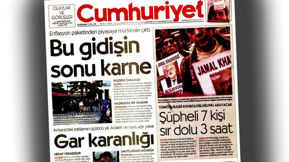 Front cover of Turkish newspaper Cumhuriyet