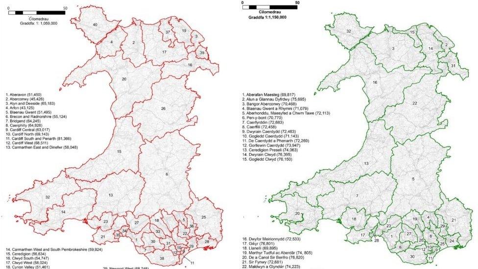 Y ffiniau yn yr etholiad diwethaf (chwith) a'r ffiniau newydd (dde)