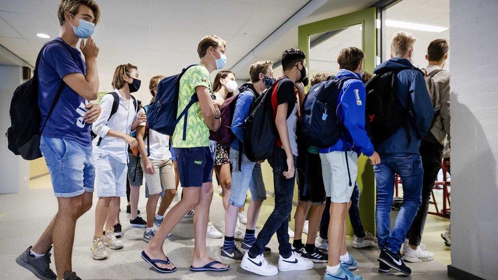 Students wearing face masks at a school in the Netherlands