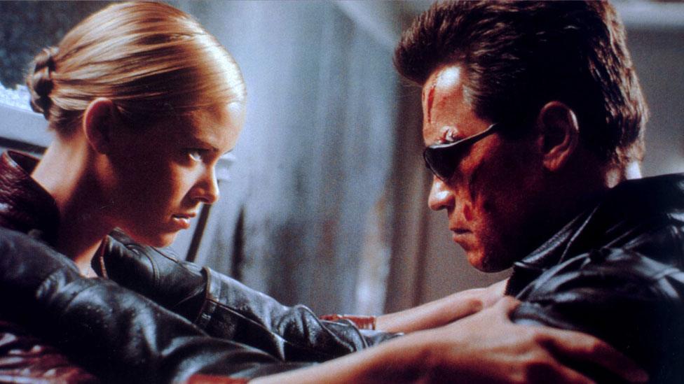 Arnold Schwarzenegger with Kristanna Loken in Terminator 3: Rise of the Machines