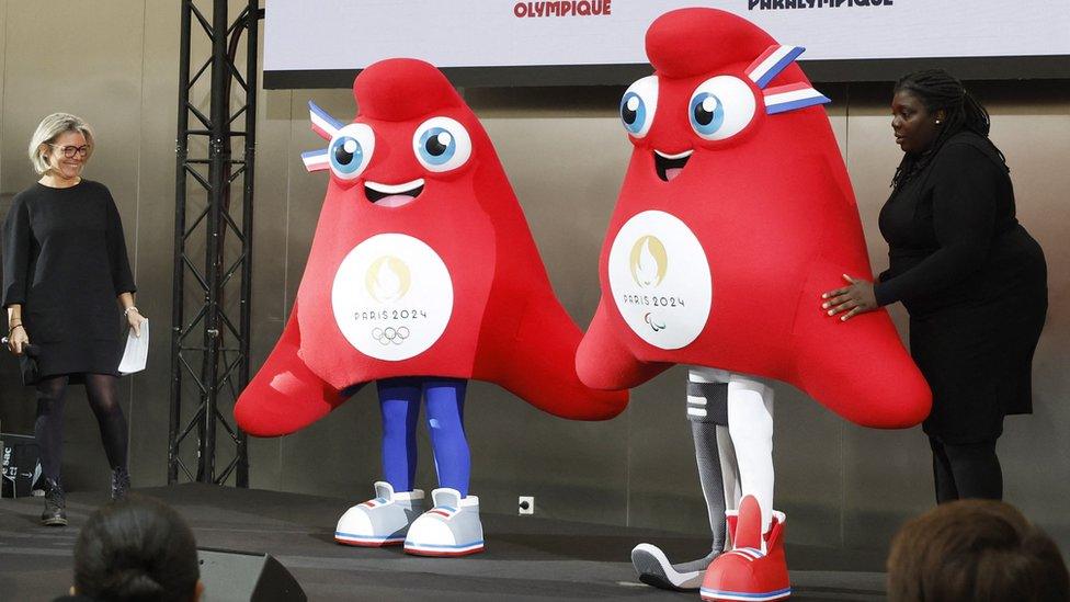 The Paris 2024 Olympic mascots are big, red and triangular -shaped like a Phrygian cap