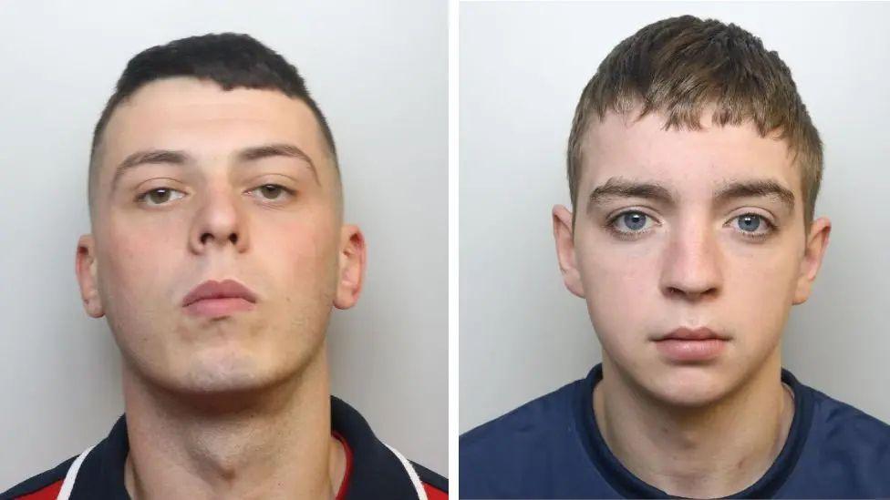 Side by side mugshots of Phillip Adams and Patrick James. Adams has short dark hair, dark eyes and is pictured against a grey background. He is tilting his head back slightly, with a blank expression. Patrick James has short light brown hair and blue eyes. He is also pictured against a grey background with a blank expression. 