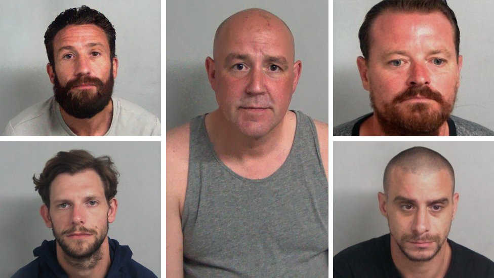 A composite image of Stuart Williams, Dean Smith, Lee Gower, Shaun Thompson and Martin Peagram. They are all in police custody and look glum.
