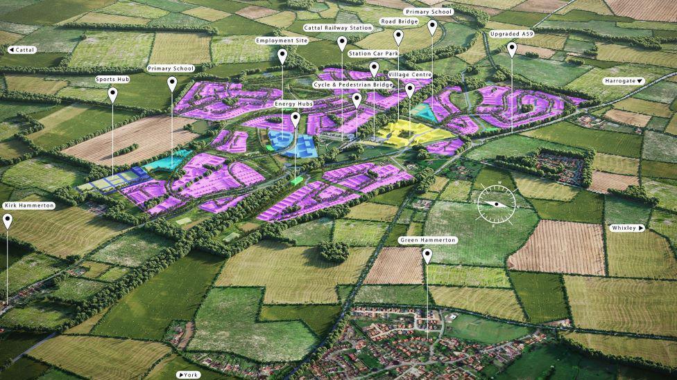 A mock-up of plans for the village, including purple outlines to show where the homes and schools would be built