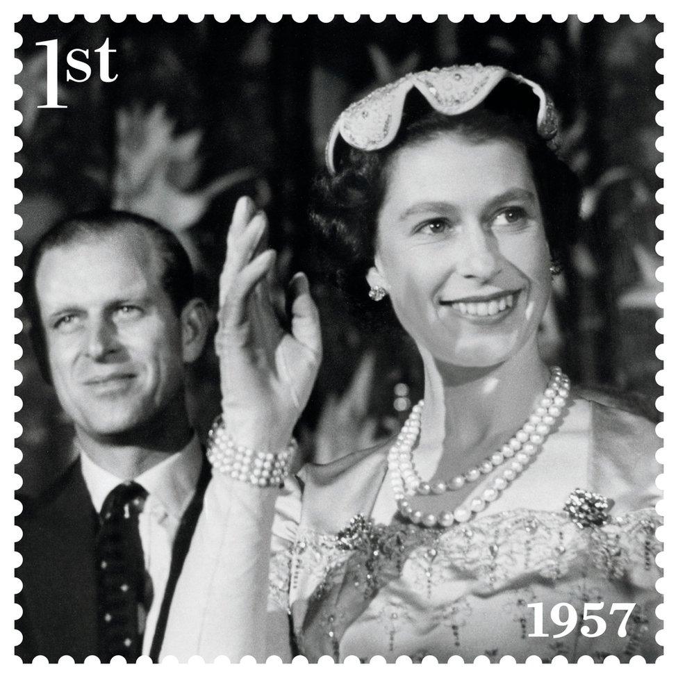 1957 stamp featuring the Queen and Prince Philip