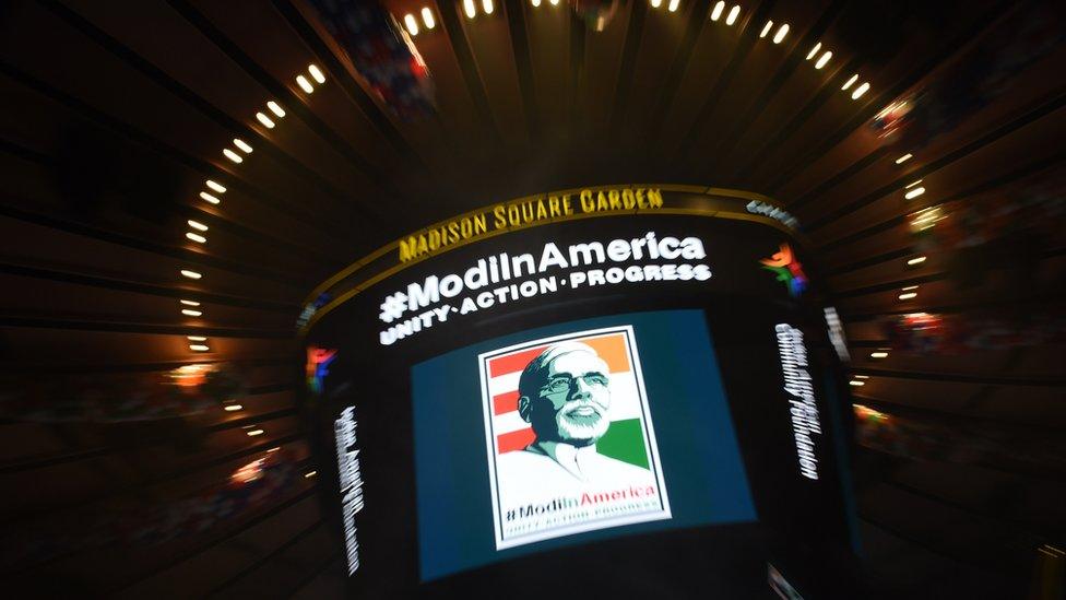 The scoreboard shows a picture of Prime Minister Narendra Modi of India above the arena floor before a community reception for the Prime Minister September 28, 2014 at Madison Square Garden in New York.