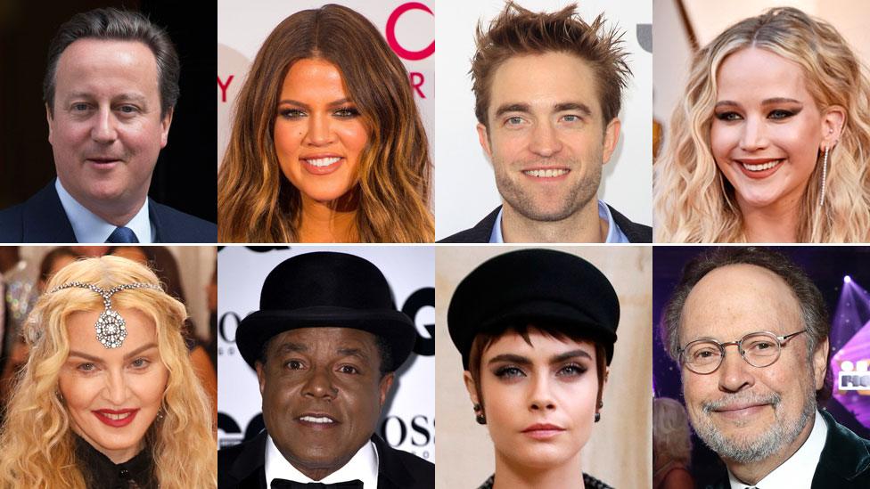 L-R: David Cameron, Khloe Kardashian, Robert Pattinson, Jennifer Lawrence, Madonna, Tito Jackson, Cara Delevingne, Billy Crystal