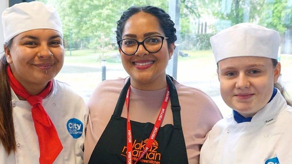 City College students Trumeeka and Kirsten with BBC Masterchef winner Shelina Permalloo