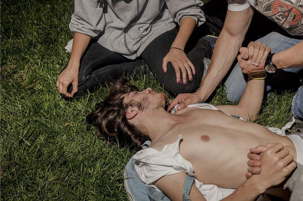 An injured man on the grounds of the, Dolmabache Palace, Istanbul, 1 June 2013