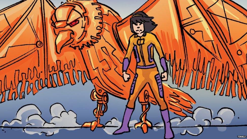 Maya derives her powers from a robotic falcon called Psy
