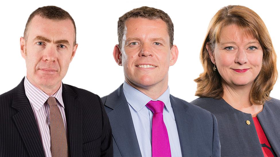 Adam Price (l), Rhun ap Iorwerth (c) and Leanne Wood (r)