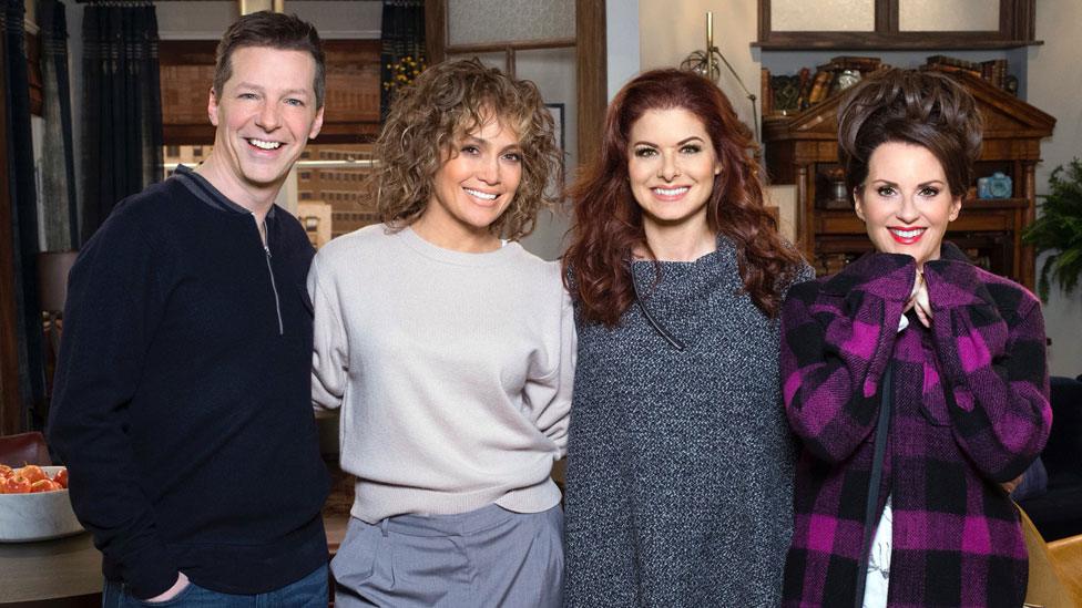 Sean Hayes, Jennifer Lopez, Debra Messing and Megan Mullally