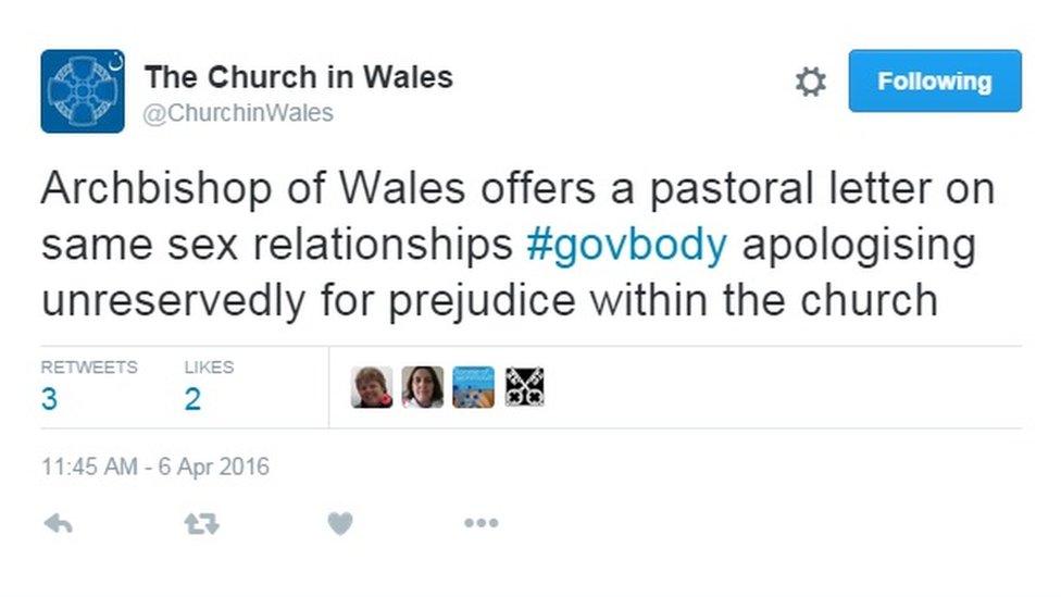 The church's tweet apologising for prejudice against gay people